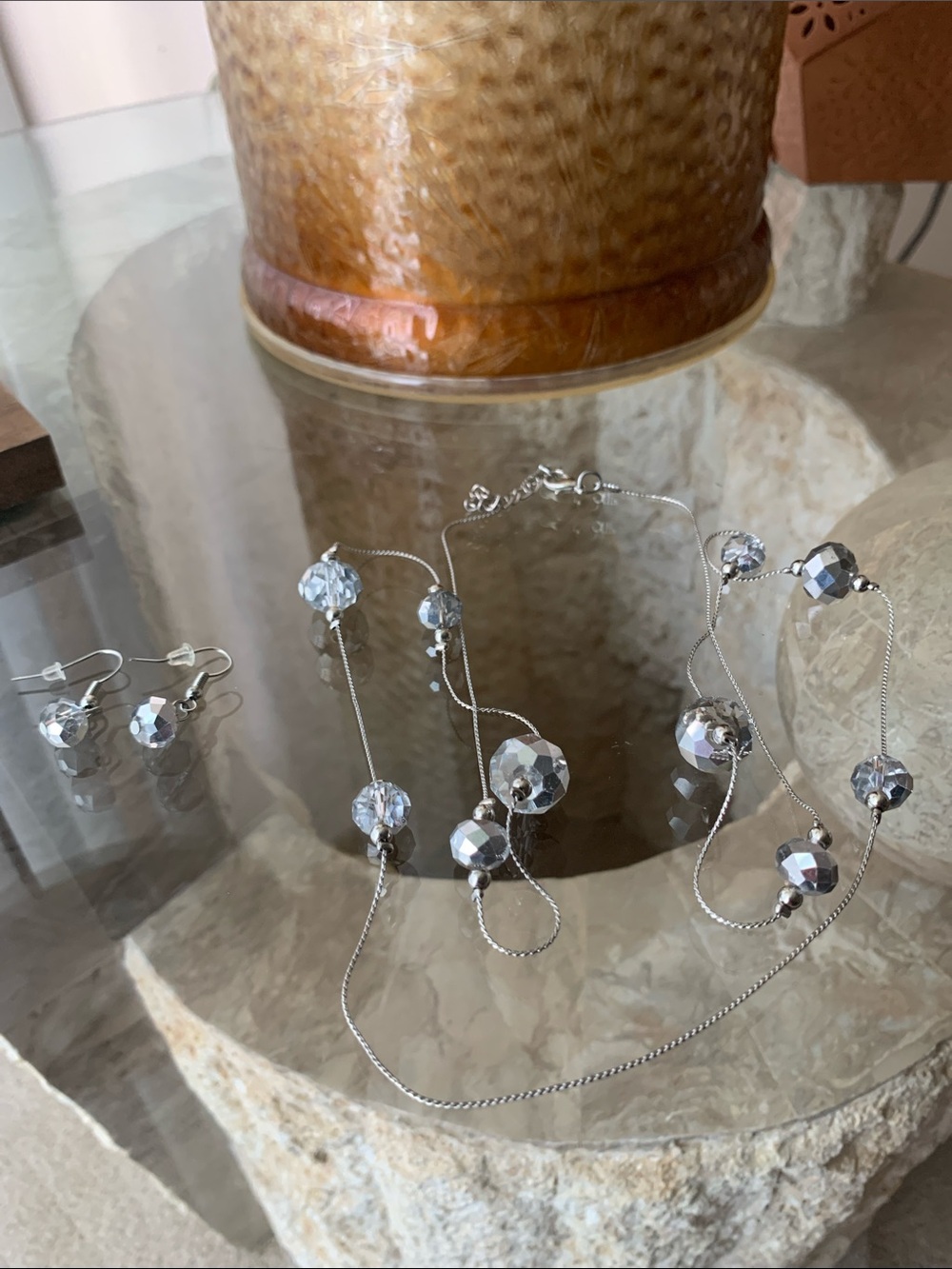 Silver Faceted Bead Necklace and Earring Set - Elegant Women's Jewelry